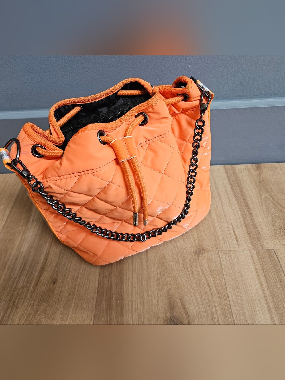 Haute Shore Lindsey Puffer Quilted Drawstring Shoulder Bag - Orange